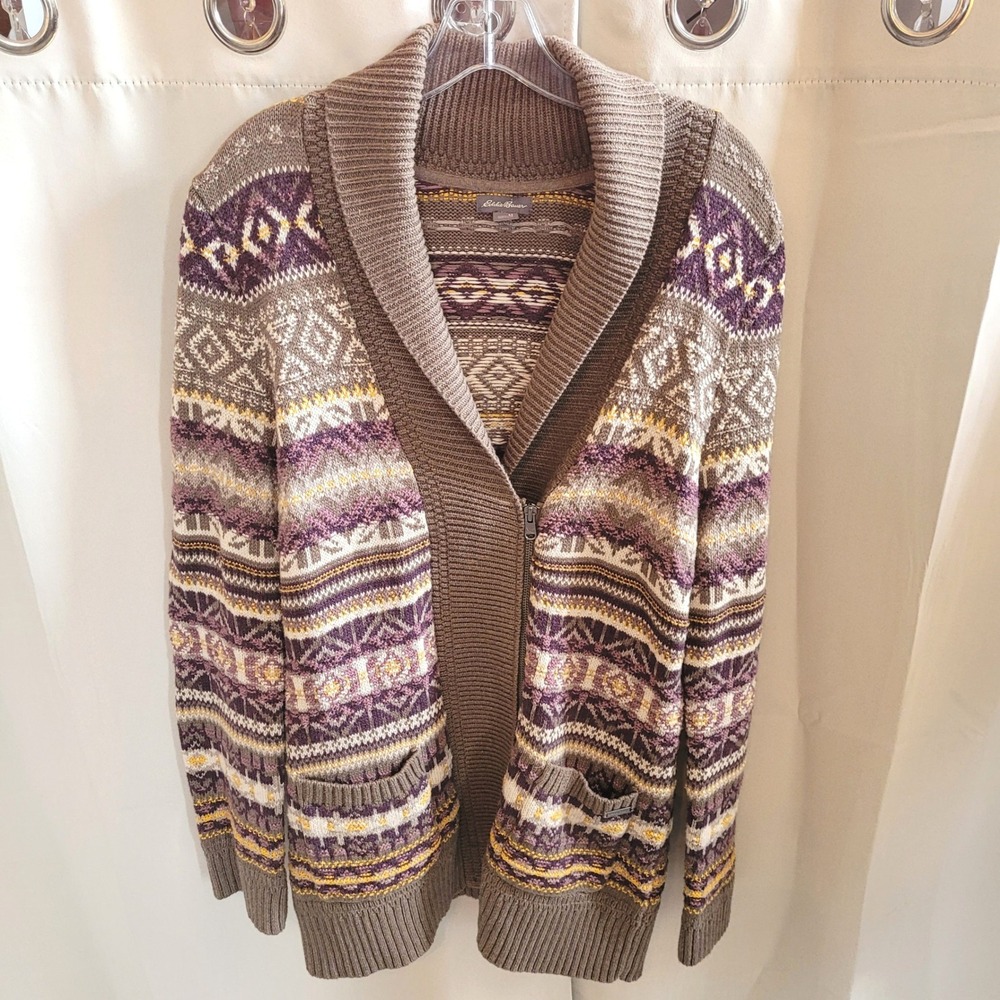 Eddie Bauer Women Cardigan Medium Fair Isle Shawl Collar Fair Isle Nordic 21571
